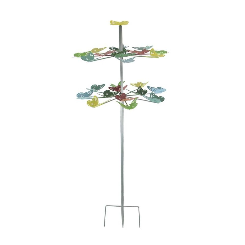 Colorful Two Tier Metal Butterfly Horizontal Spinning Garden Stake